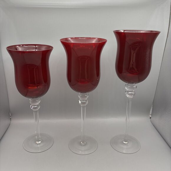 Ruby Red Tulip Shaped Glass Votive Candle Holders with Clear Stems Set of 3